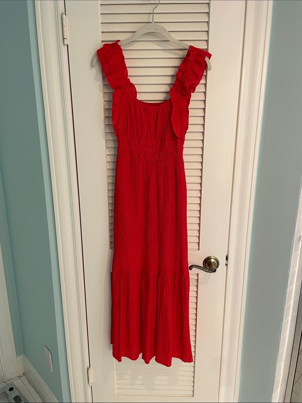 Abercrombie & Fitch Red Ruffle-Shoulder Maxi Dress